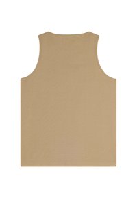 Canottiera beige senza maniche con una texture liscia, scollatura tonda e bordi puliti. Design semplice senza motivi o decorazioni.