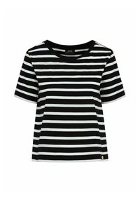 Czarna i biała koszulka w paski z okrągłym dekoltem, krótkimi rękawami oraz złotym logo na dolnej części. Wykonana z miękkiej bawełny.