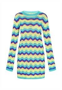 Gebreid jurk met een golvend patroon in lichtgroen, blauw, rood en geel. Lange mouwen en een ronde halslijn met een gestructureerde afwerking.