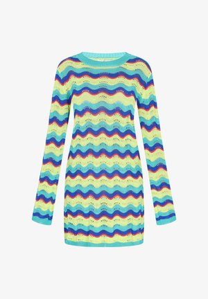 Strickkleid mit einem wellenförmigen Muster in Hellgrün, Blau, Rot und Gelb. Lange Ärmel und ein Rundhalsausschnitt mit einer strukturierten Oberfläche.