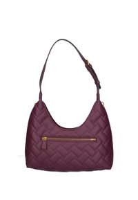 Bordowa pikowana torebka o zakrzywionym kształcie, z pojedynczym paskiem na ramię oraz przednią kieszenią na zamek z złotymi akcentami.