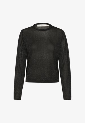 Black long-sleeve top made of sheer, sparkly fabric with a round neckline and a cropped design. Features a minimalist style.