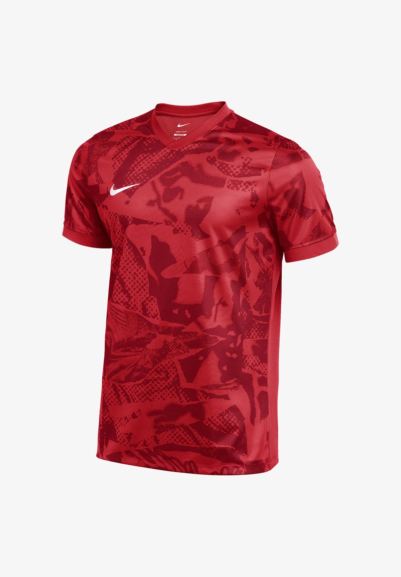 Rood Nike sportshirt met abstracte donkerrode patronen, korte mouwen en een witte Nike-swoosh op de rechterborst.