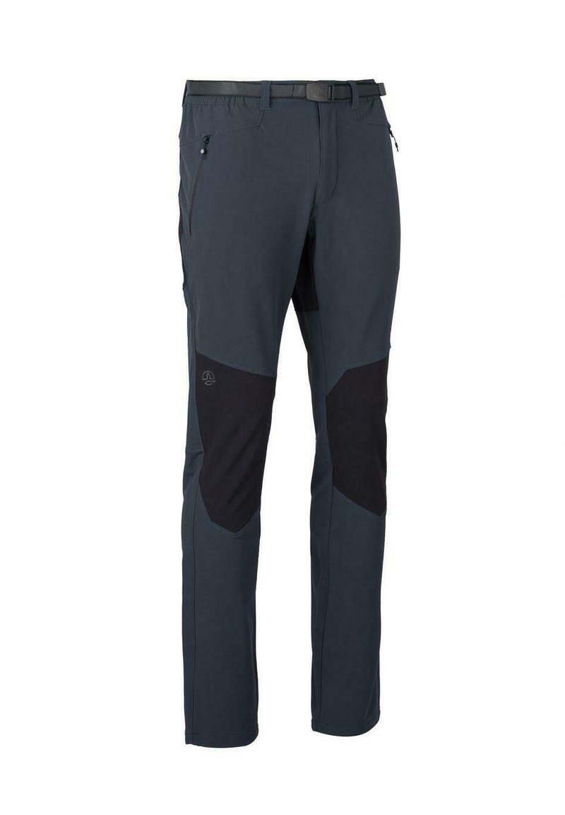 Zwarte en grijze outdoorbroeken met een slim fit, elastische tailleband, zijzakken en verstevigde kniestukken. Zachte, rekbare stof. 