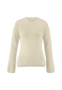 Cremfarbener, gerippter Strickpullover mit rundem Ausschnitt und langen Ärmeln, der eine vertikale Textur und eine figurnahe Silhouette aufweist.