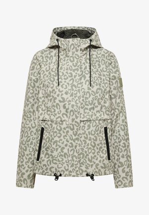Lichtgrijze jas met capuchon, luipaardprint, zwarte ritszakken en trekkoorden bij de capuchon en zoom.