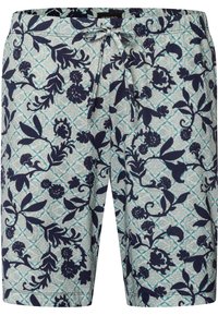 Blommiga badshorts i ljusblått med mönster i mörk marinblått. Har en dragsko i midjan och en bekväm passform. Tillverkade av lättviktsmaterial.