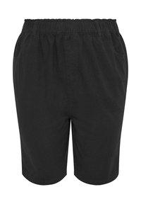 Shorts noirs à taille élastique avec poches latérales, passants pour ceinture et coupe longueur genou, conçus pour un usage décontracté.