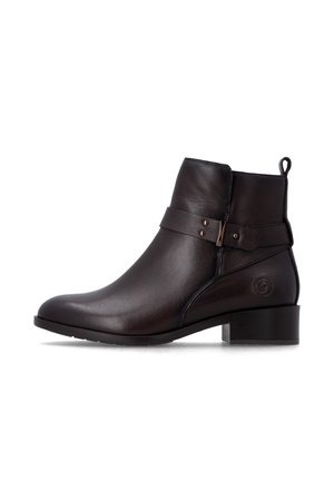 Bottine en cuir marron foncé avec petit talon bloc, sangle décorative avec boucle métallique et languette à l'arrière.