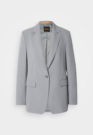 Light gray blazer with a single button closure, notch lapels, and two front pockets. Smooth texture and orange lining detail inside.