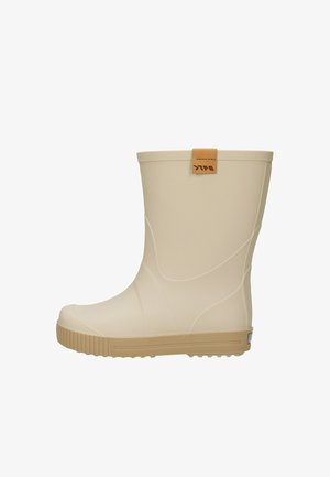 Beige Gummistiefel mit einer strukturierten, tanfarbenen Sohle, glattem Obermaterial und einem kleinen Lederanhänger an der Ferse. Das Design weist dezente, geformte Linien auf.