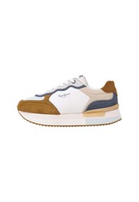 Sneakers con un mix di pelle bianca, suede beige e dettagli blu navy. Forma arrotondata con suola in gomma spessa e pannelli laterali testurizzati.
