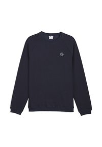 Sudadera de color azul marino con tejido de punto texturizado, cuello redondo, puños y dobladillo acanalados, con un pequeño logo en el pecho.