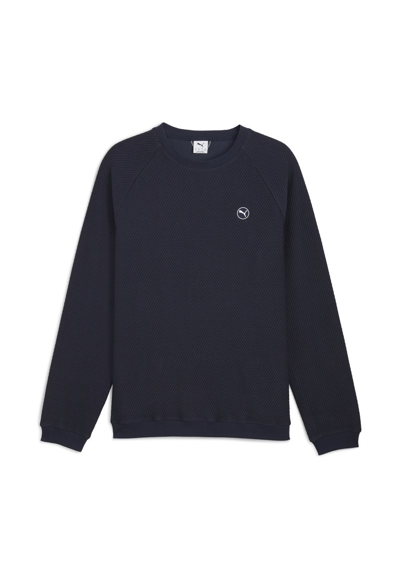 Sudadera de color azul marino con tejido de punto texturizado, cuello redondo, puños y dobladillo acanalados, con un pequeño logo en el pecho.