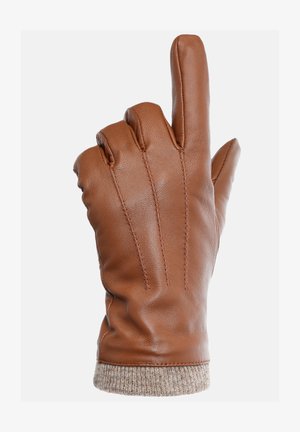 Brauner Lederhandschuh mit passgenauer Form, fünf Fingern und sichtbaren Nähten. Der Bund weist eine beige Strickstruktur auf, die zusätzliche Wärme bietet.