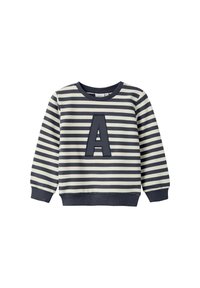 Sudadera de manga larga para niños con rayas horizontales en navy y blanco y una gran letra "A" en navy en el pecho.