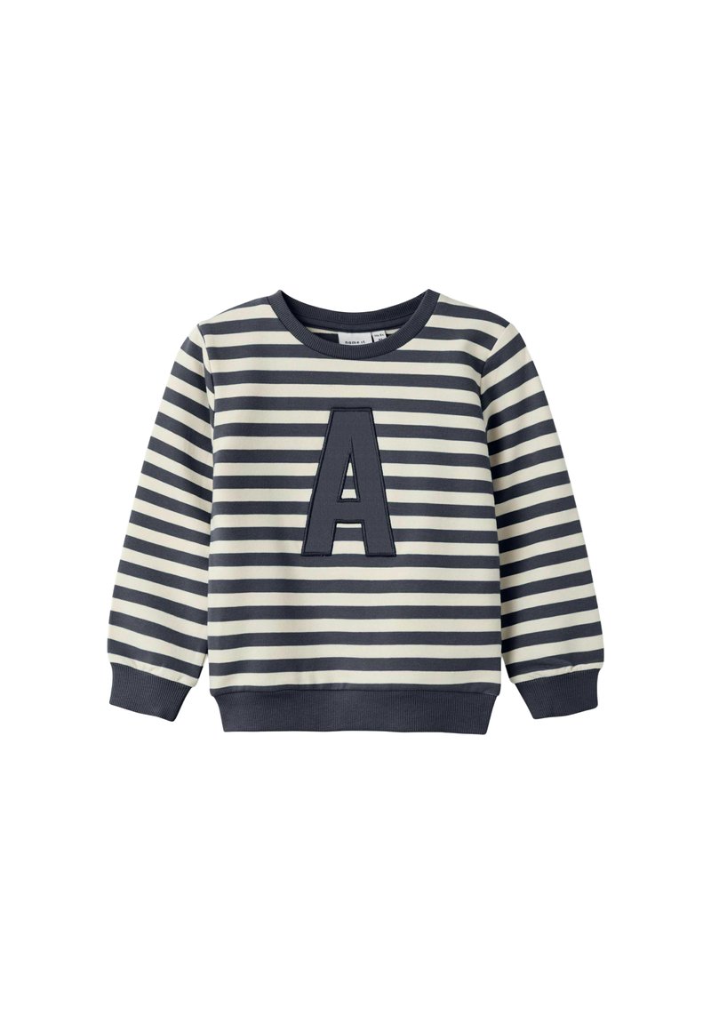 Sudadera de manga larga para niños con rayas horizontales en navy y blanco y una gran letra "A" en navy en el pecho.