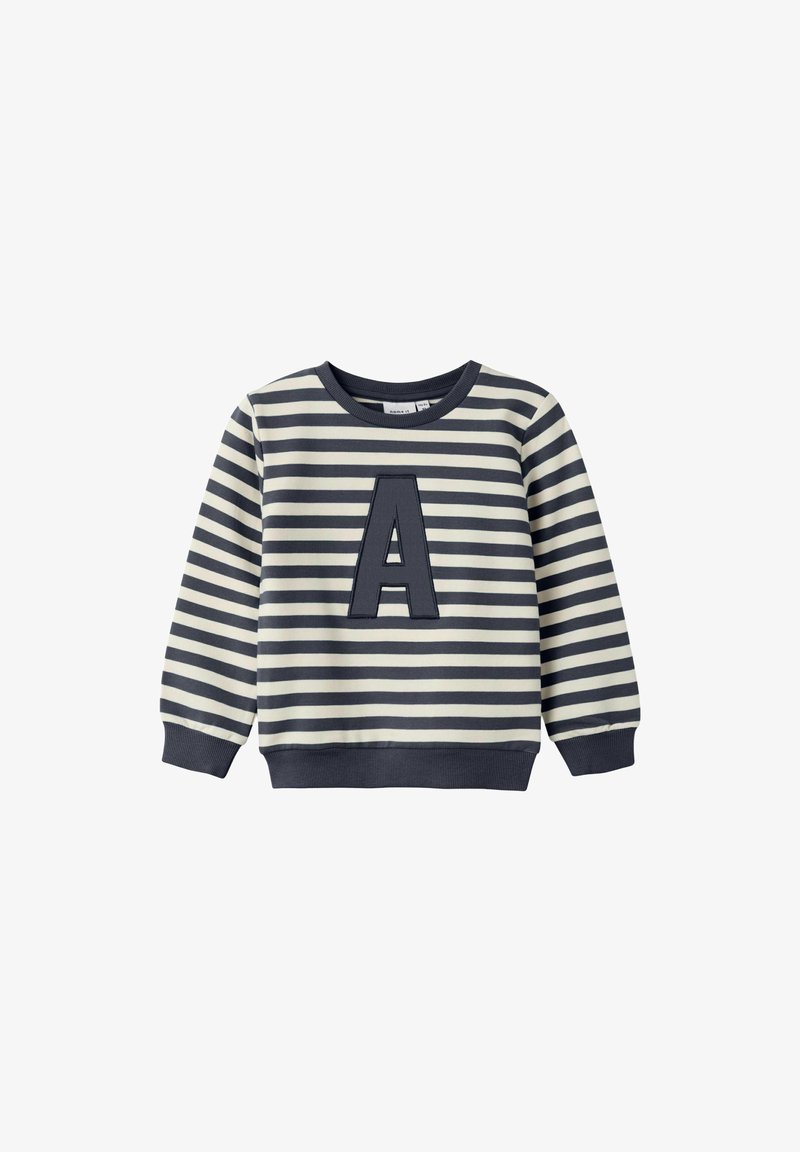 Felpa a maniche lunghe per bambini a righe orizzontali blu navy e bianche, con una grande lettera "A" blu navy sul petto.