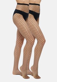 Dresuri negre din plasă cu talie înaltă, având un model mare în formă de diamant, textură transparentă și picioare deschise.