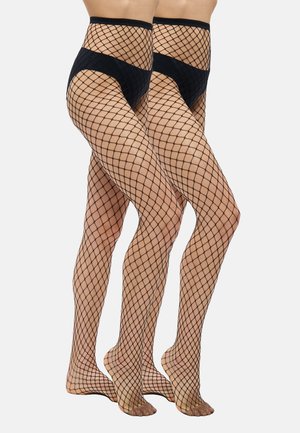 Melnas sietveida zeķubikses ar augstu jostasvietu, lielu dimanta rakstu, caurspīdīgu tekstūru un atvērtām pēdām.