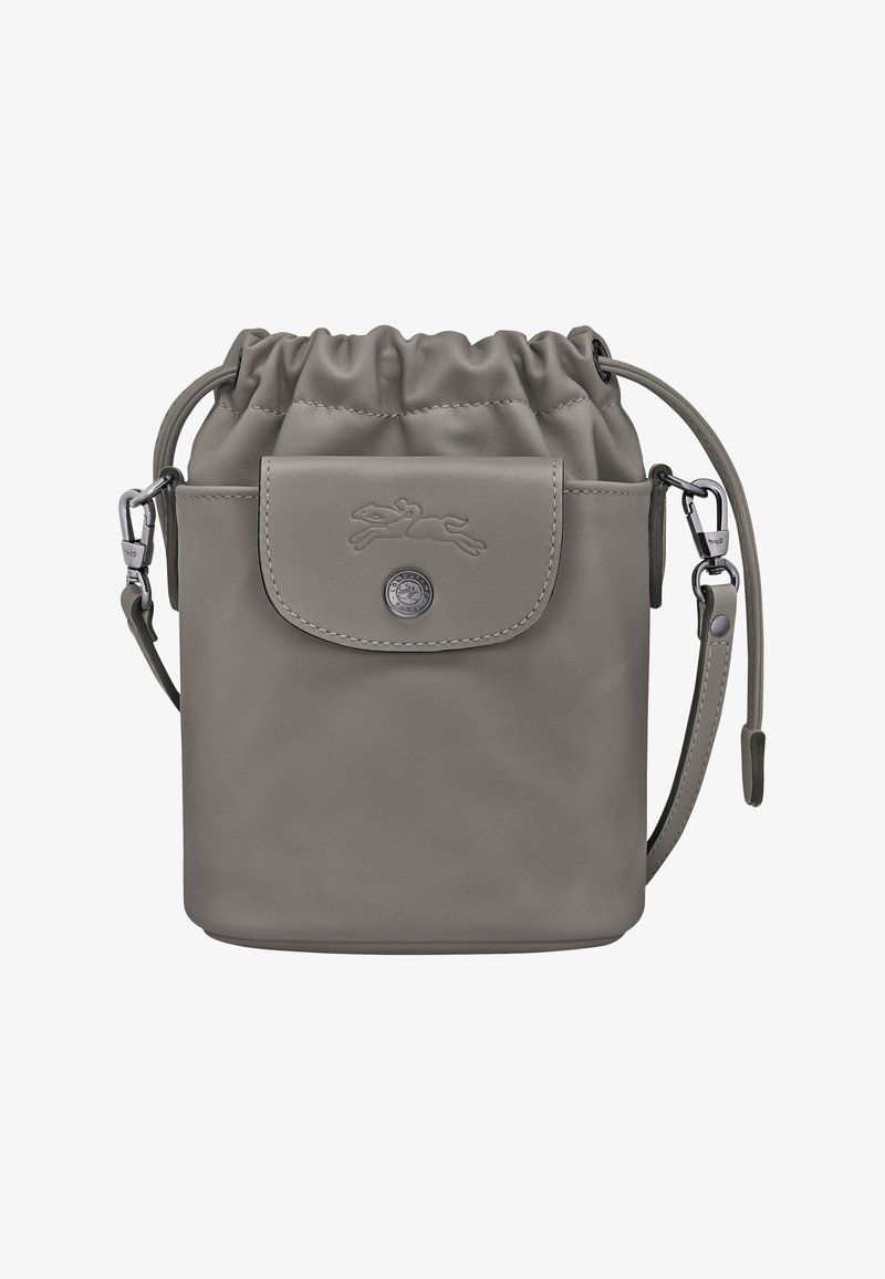 Gray leather drawstring bag with a front pocket, metallic hardware, and adjustable strap. Features a logo embossed on the flap.