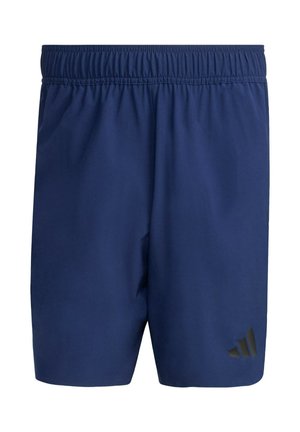 Tamnoplave sportske kratke hlače s elastičnim pojasom i crnim Adidas logotipom na donjem lijevom dijelu noge.