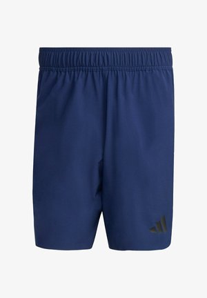 Navy blue athletic shorts with elastic waistband and black Adidas logo on the lower left leg.