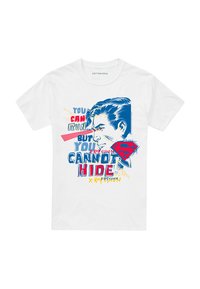 White cotton T-shirt featuring a graphic design of a man’s profile with text "You Can Run But You Cannot Hide" in blue and red.