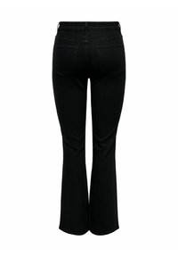 Mustad kaelusega mustad flared teksad, denimkangast, tagakotid ja sile pind; omavad puhtaid ja minimalistlikke disainielemente.