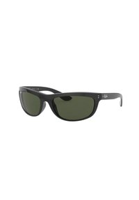 Schwarze Plastiksonnenbrille mit grünen Gläsern, Wrap-around-Design und kleinen silbernen Akzenten für besseren Halt und Komfort. UV-Schutz.