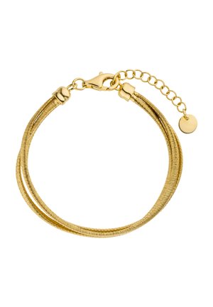Armband in Goldfarbe mit zwei gewundenen Strängen, Karabinerverschluss und verstellbarer Kette. Am Ende der Kette befindet sich ein kleiner runder Anhänger.