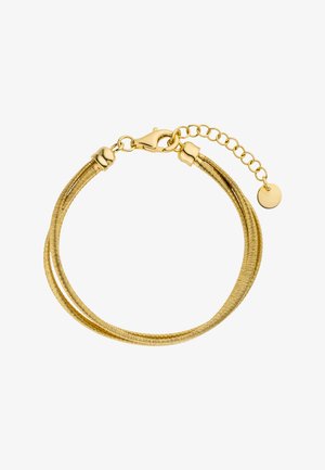 Gold-tone bracelet with two coiled strands, lobster clasp, and adjustable chain. Features a small round charm at the end of the chain.