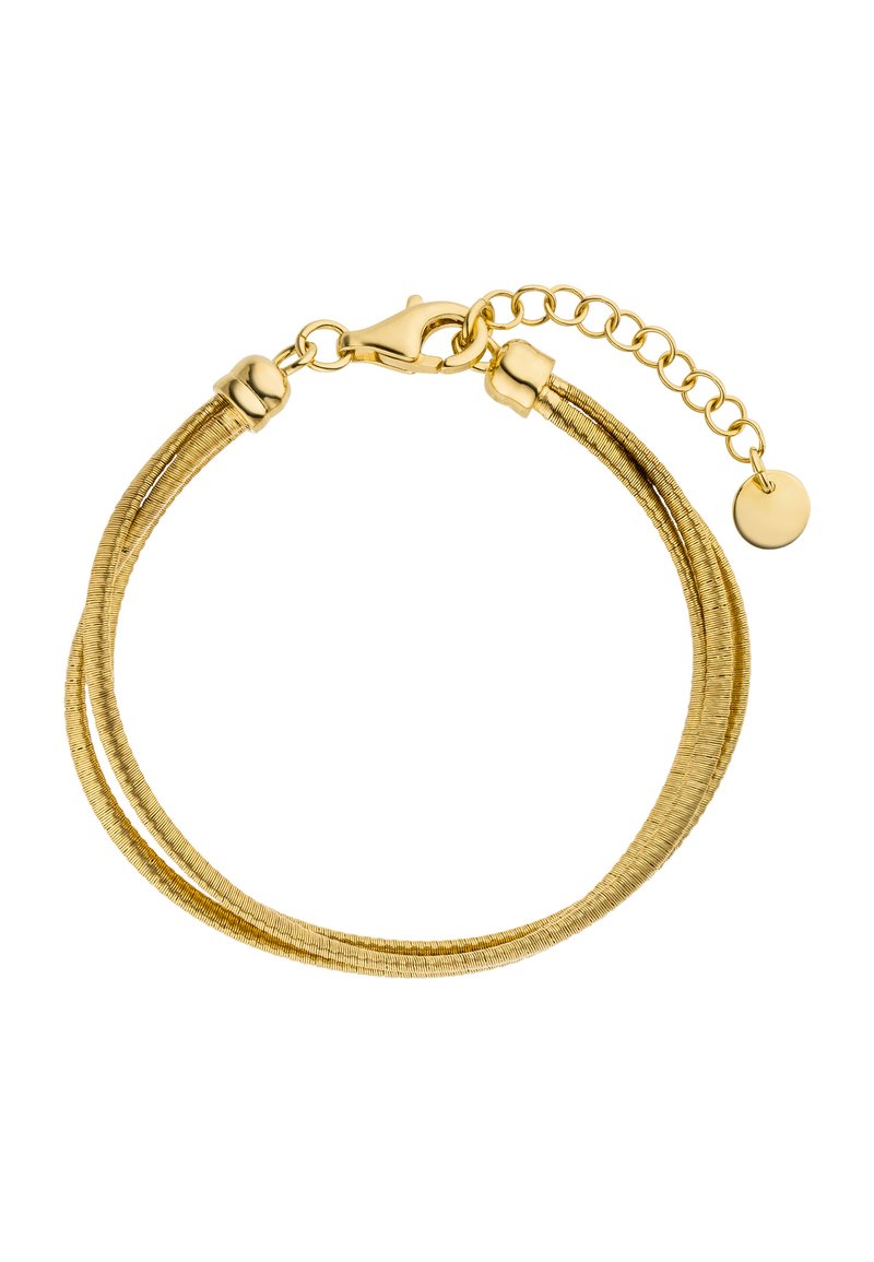 Gold-tone bracelet with two coiled strands, lobster clasp, and adjustable chain. Features a small round charm at the end of the chain.