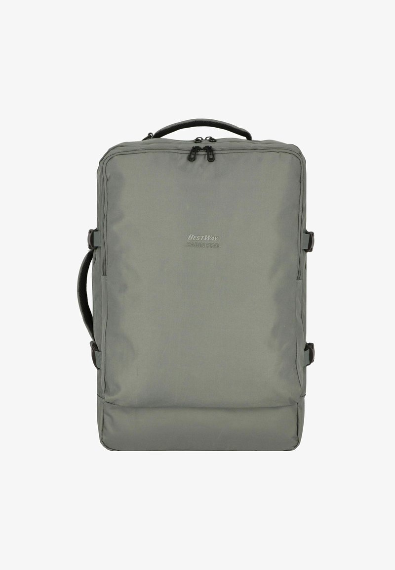 Sac à dos en tissu gris de forme rectangulaire, avec des fermetures à glissière, un logo sur le devant, une poignée latérale et des bretelles réglables.