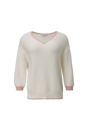 V-neck sweater in cream with pink ribbed accents, featuring three-quarter sleeves and a textured knit fabric.