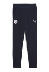 Navyfarbene Sporthosen mit einem Manchester City-Logo und einem weißen Puma-Emblem an der Seite, geeignet für Sport und Freizeit.