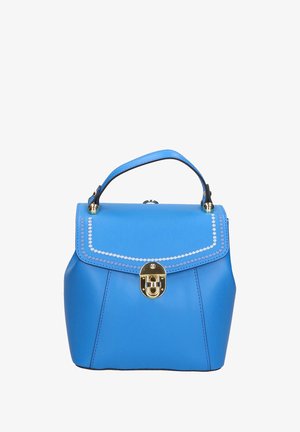 Blauwe leren handtas met een gestructureerde vorm, bovenhandvat, gouden hardware en een decoratief wit stikselpatroon langs de klep.