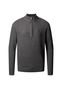 Suéter gris de punto con cuello alto y cierre de cuarto. Cuenta con puños y dobladillo de canalé, y un pequeño logo en el pecho. Textura suave.