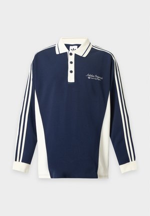 Μακρυμάνικο πόλο Adidas Originals σε ναυτικό μπλε και λευκό με τρία κουμπιά, λευκές ρίγες στα μανίκια και λογότυπο στο αριστερό στήθος.