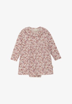 Blumenkleid mit langen Ärmeln aus weicher Baumwolle, mit gerüschtem Ausschnitt, pinken und lila Blumenmuster sowie gerafftem Oberteil für einen strukturierten Look.