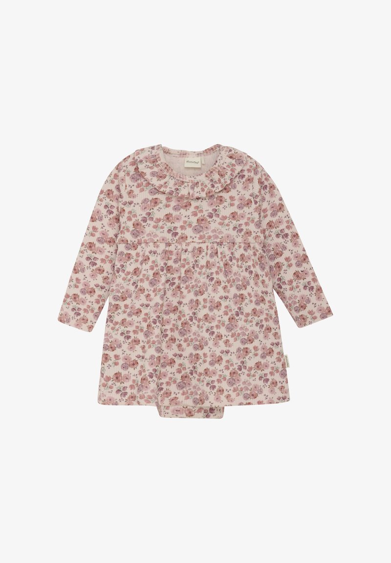 Kwiatowa sukienka z długim rękawem, wykonana z miękkiej bawełny, z falbaniastym dekoltem, różowo-fioletowym nadrukiem kwiatowym i marszczoną górą dla uzyskania strukturalnego efektu.