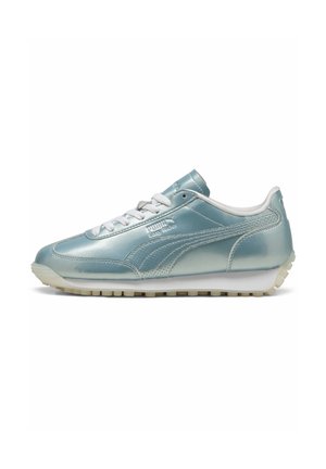Light blue metallic Puma Easy Rider sneaker with white laces and beige rubber sole shown from the side on a white background.