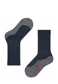 Marineblau gerippte Socken mit grauem Fersen- und Zehenbereich sowie einem roten Logoakzent. Hergestellt aus weichem Material, das für Komfort und Langlebigkeit sorgt.