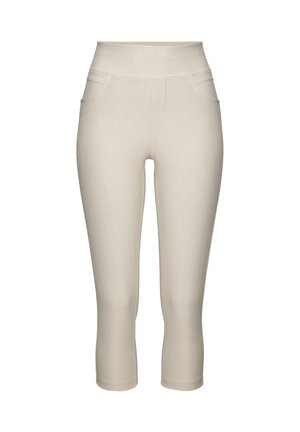 Beige capri leggings made from stretchy material, featuring a high waistband, two side pockets, and a smooth, textured surface.