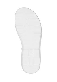 White rubber shoe sole with textured pattern, a rounded shape, and grooves for traction. Features logo imprint "remonte" on the surface.