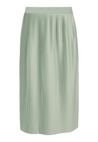 Plisségordijn in zachtgroen, met een brede tailleband. De stof heeft een gladde textuur met verticale plooien die tot aan de zoom reiken.