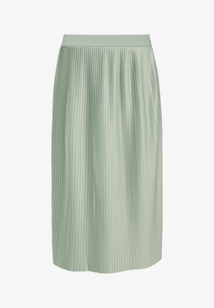 Jupe plissée en vert doux, dotée d'une large ceinture. Le tissu présente une texture lisse avec des plis verticaux s'étendant jusqu'à l'ourlet.