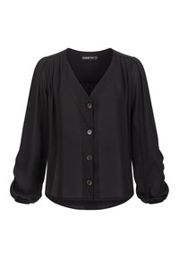 Blusa negra con escote en V, cierre de botones, detalles plisados y mangas largas fruncidas. Tela suave con un acabado ligeramente brillante.