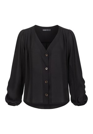 Black blouse with a v-neckline, button closure, pleated detailing, and long, gathered sleeves. Smooth fabric with a slightly glossy finish.