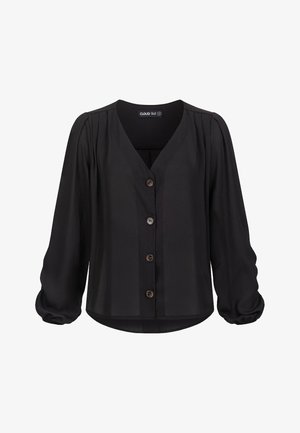 Black blouse with a v-neckline, button closure, pleated detailing, and long, gathered sleeves. Smooth fabric with a slightly glossy finish.